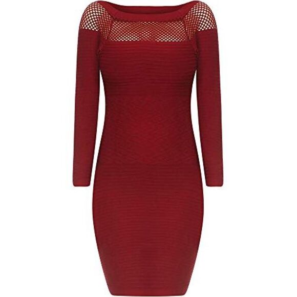 Wine Red Long Sleeve Netted Neckline Dress - Picture 5 of 8